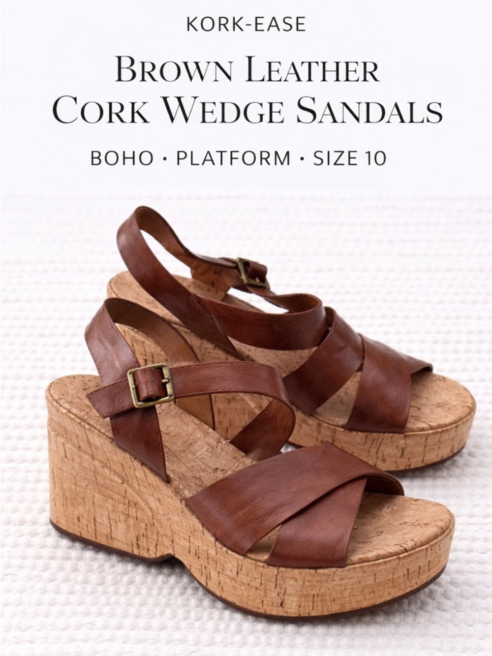 Korks Brown Leather Cork Wedge Sandals Platform Comfort Boho 10